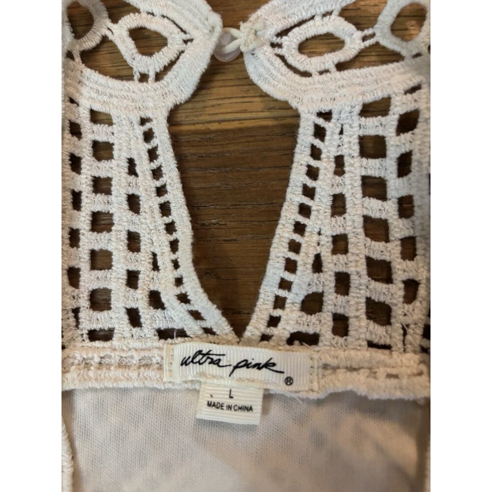 Ultra Pink Cream Crochet Halter Tank Top Boho Festival Lace Knit Sz L - Picture 4 of 7
